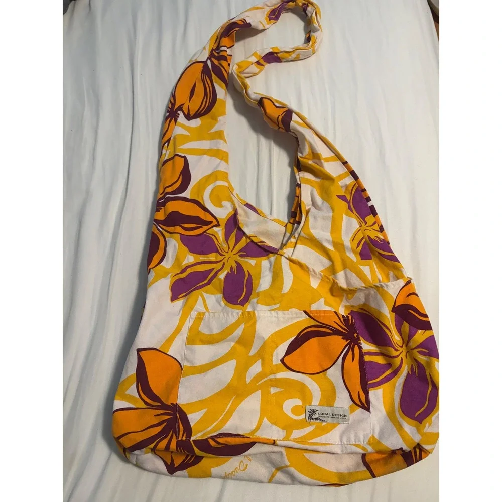 Local Design Hobo Bag Tropical Floral Yellow Orange Purple Canvas Shoulder Bag